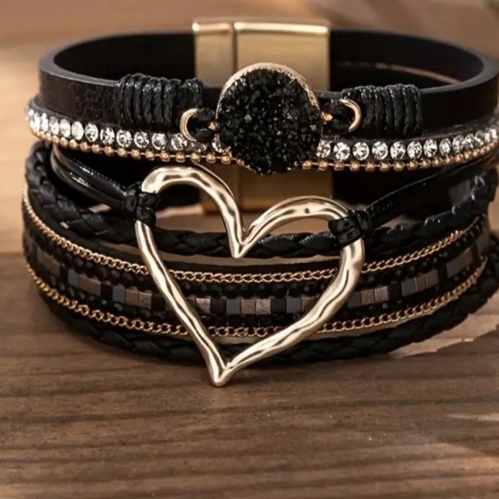 Black PU Leather Heart Rhinestone Bracelet
